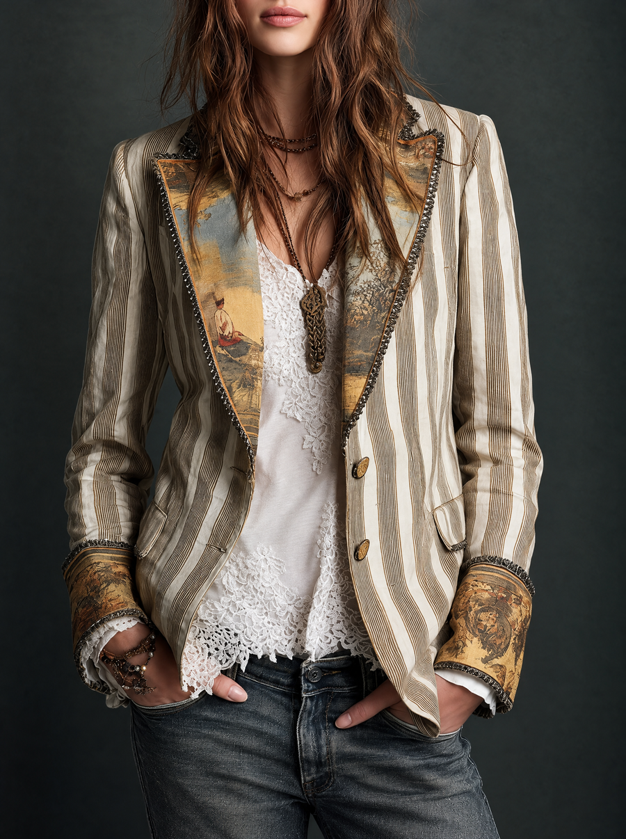 Suzanne | Boheemse Gestreepte Blazer met Gedrukt Kraag